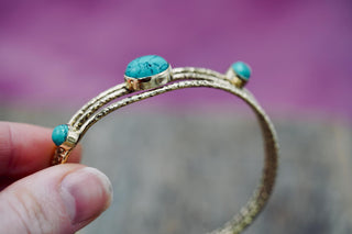 Hammered Brass Bracelet with Turquoise, Boho Bangle, Gift Box Option,