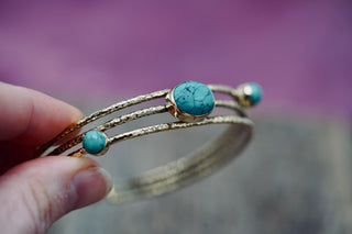 Hammered Brass Bracelet with Turquoise, Boho Bangle, Gift Box Option,