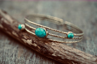 Hammered Brass Bracelet with Turquoise, Boho Bangle, Gift Box Option,