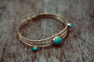 Hammered Brass Bracelet with Turquoise, Boho Bangle, Gift Box Option,