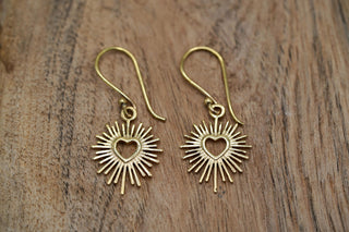 Brass Sacred Heart Earrings, Small Mexican Milagro Inspired Earrings, Sunburst Heart Dangles, Boho Gold Earrings
