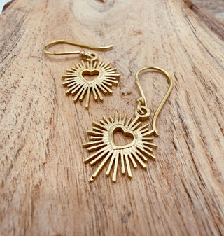Brass Sacred Heart Earrings, Small Mexican Milagro Inspired Earrings, Sunburst Heart Dangles, Boho Gold Earrings