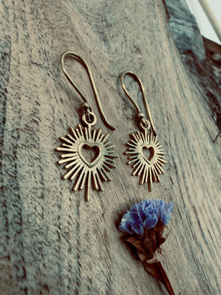 Brass Sacred Heart Earrings, Small Mexican Milagro Inspired Earrings, Sunburst Heart Dangles, Boho Gold Earrings