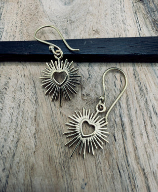 Brass Sacred Heart Earrings, Small Mexican Milagro Inspired Earrings, Sunburst Heart Dangles, Boho Gold Earrings