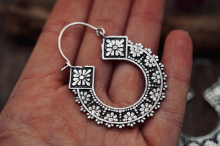 Silver Plated Brass Hoop Earrings, Floral Boho Hoops, Ethnic Statement Earrings, Lightweight Artisan Jeweller, Gift for Her