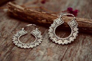 Silver Plated Brass Hoop Earrings, Floral Boho Hoops, Ethnic Statement Earrings, Lightweight Artisan Jeweller, Gift for Her