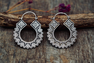 Silver Plated Brass Hoop Earrings, Floral Boho Hoops, Ethnic Statement Earrings, Lightweight Artisan Jeweller, Gift for Her