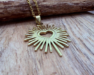 Sacred Heart Pendant Necklace, Mexican Milagro Inspired Necklace, Sunburst Heart Necklace, Boho Gold Necklace