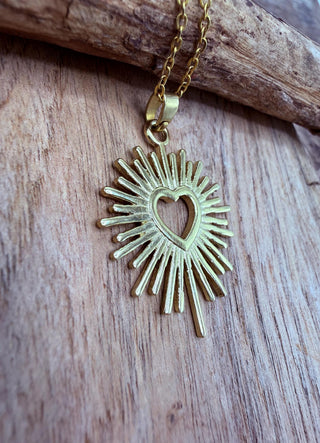 Sacred Heart Pendant Necklace, Mexican Milagro Inspired Necklace, Sunburst Heart Necklace, Boho Gold Necklace