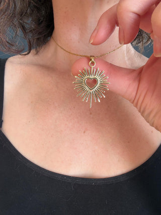Sacred Heart Pendant Necklace, Mexican Milagro Inspired Necklace, Sunburst Heart Necklace, Boho Gold Necklace