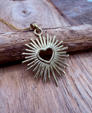 Sacred Heart Pendant Necklace, Mexican Milagro Inspired Necklace, Sunburst Heart Necklace, Boho Gold Necklace