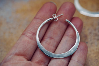 Hammered Flat Silver Hoop Earrings Butterfly Back, Irregular Silver Hoops, Ethnic Jewellery, Everyday Silver Earrings