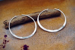 Hammered Flat Silver Hoop Earrings Butterfly Back, Irregular Silver Hoops, Ethnic Jewellery, Everyday Silver Earrings