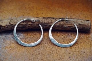 Hammered Flat Silver Hoop Earrings Butterfly Back, Irregular Silver Hoops, Ethnic Jewellery, Everyday Silver Earrings