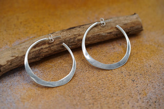 Hammered Flat Silver Hoop Earrings Butterfly Back, Irregular Silver Hoops, Ethnic Jewellery, Everyday Silver Earrings