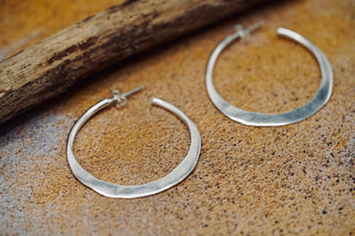 Hammered Flat Silver Hoop Earrings Butterfly Back, Irregular Silver Hoops, Ethnic Jewellery, Everyday Silver Earrings