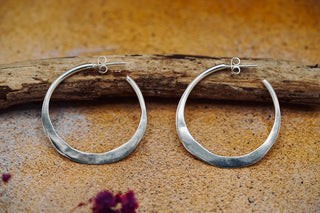 Hammered Flat Silver Hoop Earrings Butterfly Back, Irregular Silver Hoops, Ethnic Jewellery, Everyday Silver Earrings