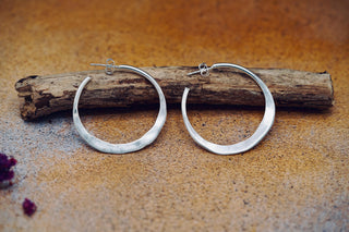 Hammered Flat Silver Hoop Earrings Butterfly Back, Irregular Silver Hoops, Ethnic Jewellery, Everyday Silver Earrings