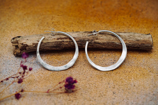 Hammered Flat Silver Hoop Earrings Butterfly Back, Irregular Silver Hoops, Ethnic Jewellery, Everyday Silver Earrings