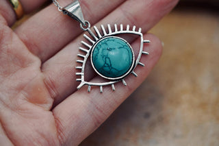 Silver Eye Turquoise Pendant Necklace, Stainless Steel Chain, Bohemian Jewellery for Women