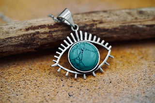 Silver Eye Turquoise Pendant Necklace, Stainless Steel Chain, Bohemian Jewellery for Women