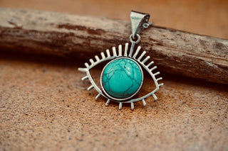 Silver Eye Turquoise Pendant Necklace, Stainless Steel Chain, Bohemian Jewellery for Women