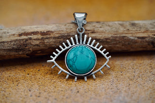 Silver Eye Turquoise Pendant Necklace, Stainless Steel Chain, Bohemian Jewellery for Women