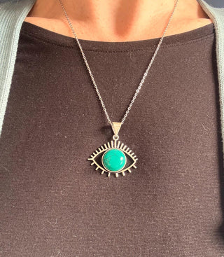 Silver Eye Turquoise Pendant Necklace, Stainless Steel Chain, Bohemian Jewellery for Women