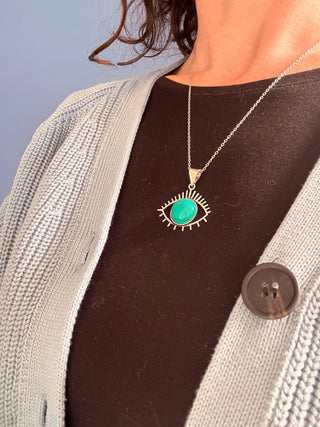 Silver Eye Turquoise Pendant Necklace, Stainless Steel Chain, Bohemian Jewellery for Women