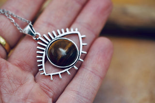 Protective Eye Pendant, Tiger Eye Stone, Stainless Steel Chain, Pendant 1 Micron Silver Plated on Brass
