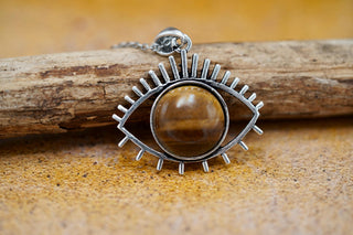 Protective Eye Pendant, Tiger Eye Stone, Stainless Steel Chain, Pendant 1 Micron Silver Plated on Brass