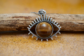 Protective Eye Pendant, Tiger Eye Stone, Stainless Steel Chain, Pendant 1 Micron Silver Plated on Brass