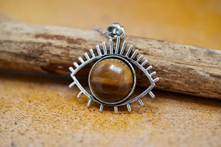 Protective Eye Pendant, Tiger Eye Stone, Stainless Steel Chain, Pendant 1 Micron Silver Plated on Brass