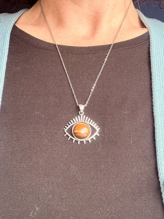 Protective Eye Pendant, Tiger Eye Stone, Stainless Steel Chain, Pendant 1 Micron Silver Plated on Brass