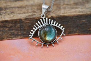Labradoite Eye Pendant, Stainless Steel Chain, Pendant 1 Micron Silver Plated Brass