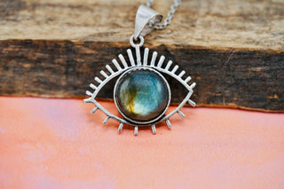 Labradoite Eye Pendant, Stainless Steel Chain, Pendant 1 Micron Silver Plated Brass