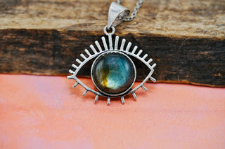 Labradoite Eye Pendant, Stainless Steel Chain, Pendant 1 Micron Silver Plated Brass