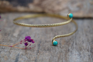 Brass Armlet - Turquoise Cuff Bracelet – Textured Gold Upper Arm Bracelet, Boho Goddess Jewellery, Adjustable Statement Arm Band, Festival