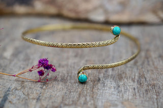 Brass Armlet - Turquoise Cuff Bracelet – Textured Gold Upper Arm Bracelet, Boho Goddess Jewellery, Adjustable Statement Arm Band, Festival