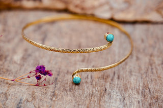 Brass Armlet - Turquoise Cuff Bracelet – Textured Gold Upper Arm Bracelet, Boho Goddess Jewellery, Adjustable Statement Arm Band, Festival