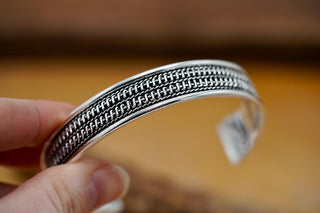 Silver Boho Cuff Bracelet, Textured Beaded Bracelet, Bohemian Jewellery Gift for Her