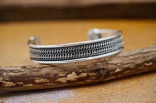 Silver Boho Cuff Bracelet, Textured Beaded Bracelet, Bohemian Jewellery Gift for Her