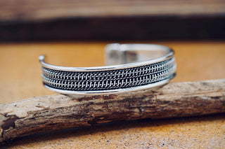 Silver Boho Cuff Bracelet, Textured Beaded Bracelet, Bohemian Jewellery Gift for Her