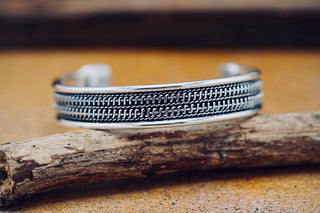 Silver Boho Cuff Bracelet, Textured Beaded Bracelet, Bohemian Jewellery Gift for Her