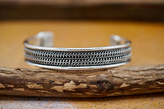 Silver Boho Cuff Bracelet, Textured Beaded Bracelet, Bohemian Jewellery Gift for Her