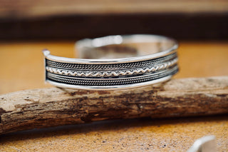 Silver Boho Cuff Bracelet, Textured Beaded Bracelet, Bohemian Jewellery Gift for Her