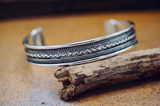 Silver Boho Cuff Bracelet, Textured Beaded Bracelet, Bohemian Jewellery Gift for Her