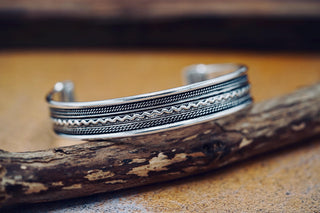 Silver Boho Cuff Bracelet, Textured Beaded Bracelet, Bohemian Jewellery Gift for Her