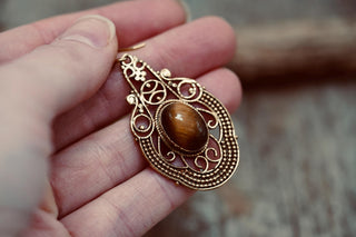 Large Brass Tiger's Eye Drop earrings, Statement Boho Earrings, Gift for Her