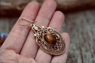 Large Brass Tiger's Eye Drop earrings, Statement Boho Earrings, Gift for Her
